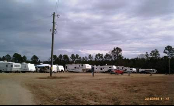 A row of rvs are parked in a field with trees in the background