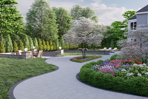 An artist 's impression of a backyard with flowers and trees.