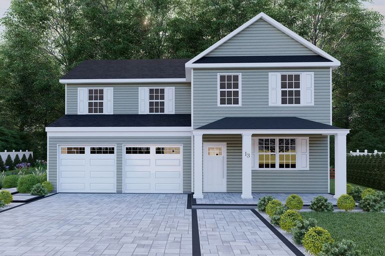 A rendering of a house with two garages and a porch.