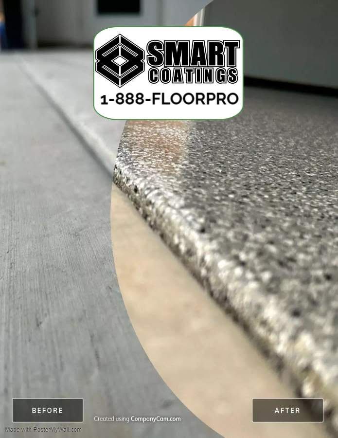 A before and after photo of a concrete floor with smart coatings.