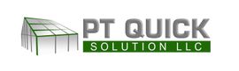 Logo for PT Quick Solution LLC, a structure with green framing and gray text on a green bar.