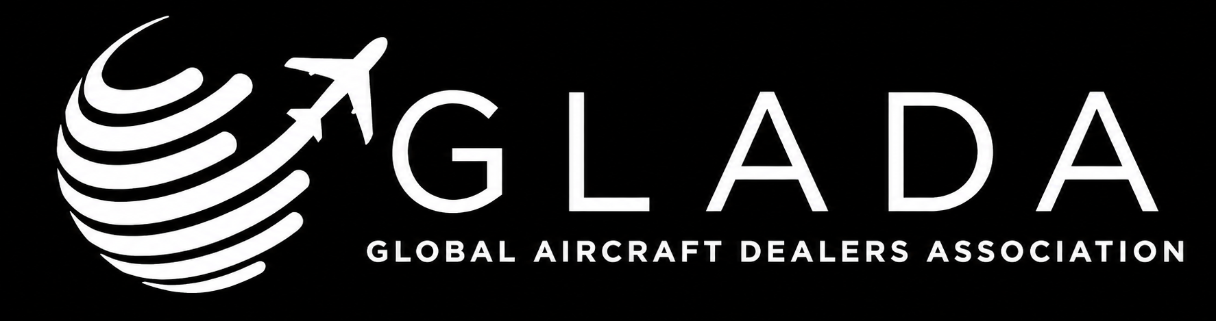 GLADA logo with white globe-and-plane icon and text on a black background