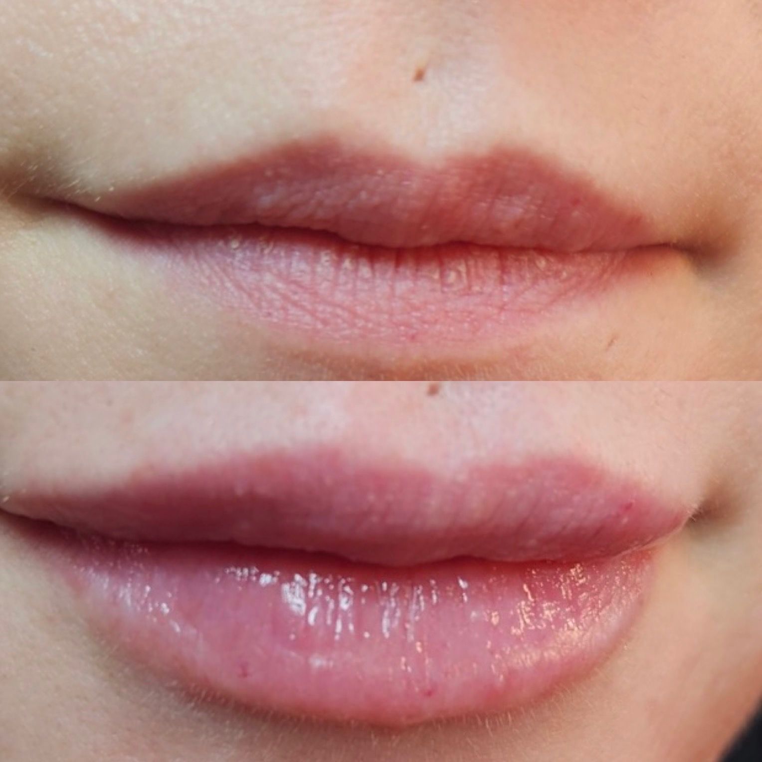 Comparison of lips: top pair is matte, bottom pair is glossy, both are a natural pink color.
