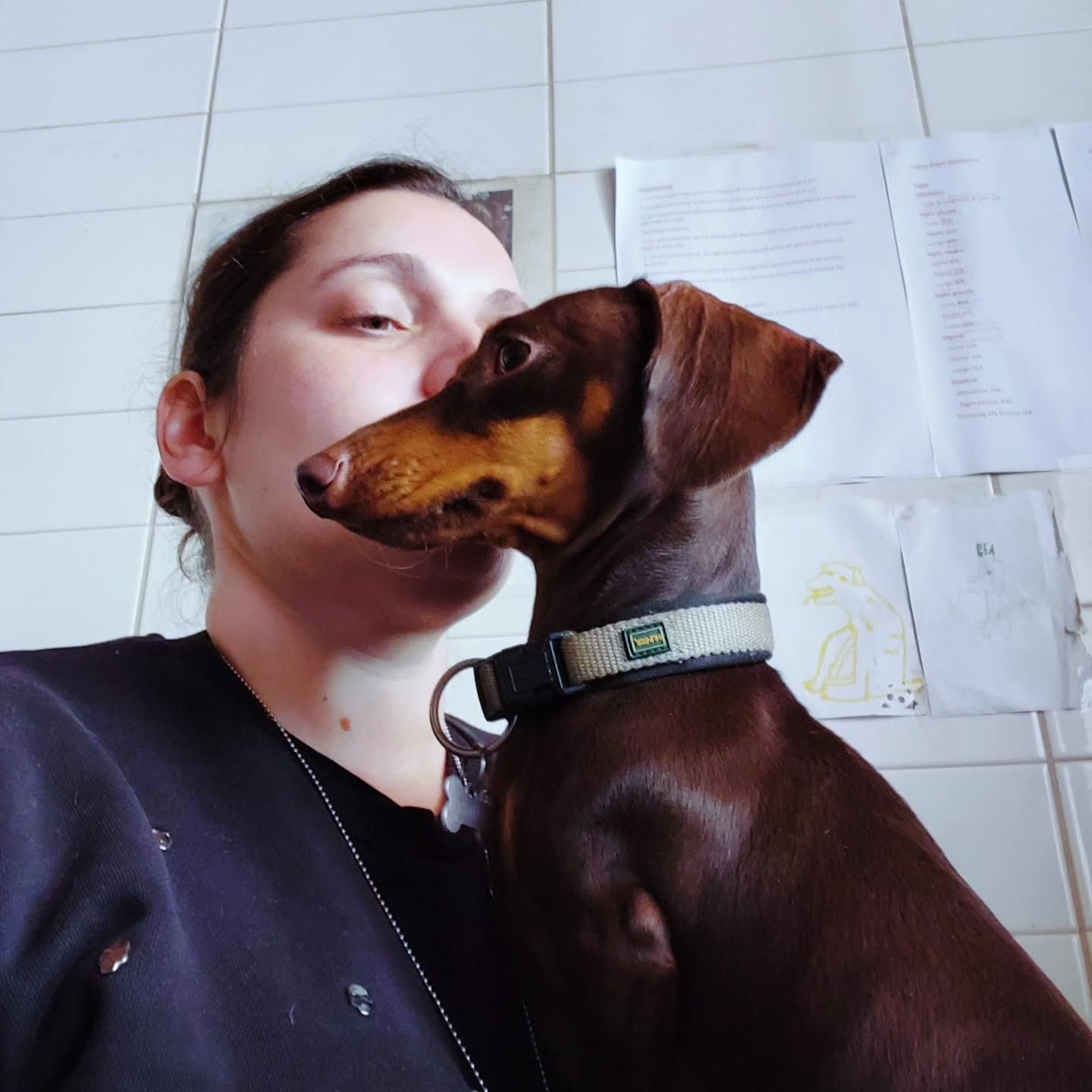 Donna che tiene in braccio un bassotto marrone e gli bacia il muso. Entrambi sono in casa, contro una parete piastrellata di bianco.