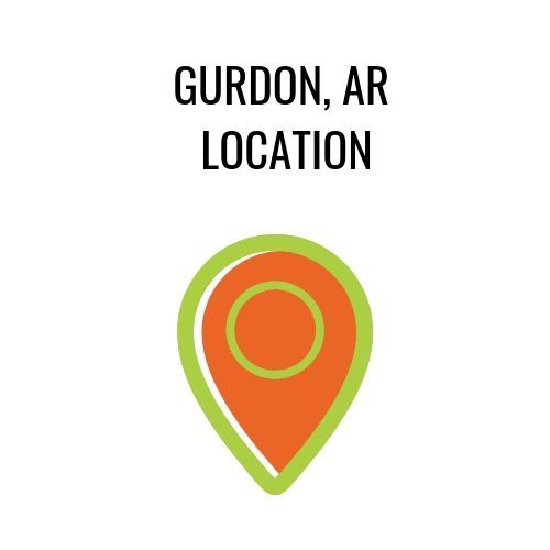 Location pin in Gurdon, AR, with text above. The pin is orange with a lime green border.