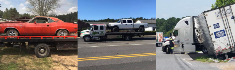 Three tow trucks: a red car, white pickup, and semi-truck on their side.
