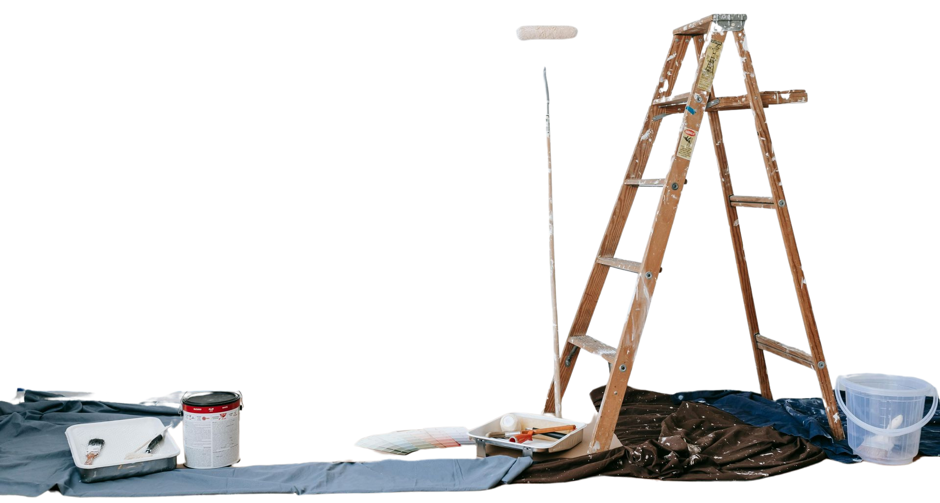 A wooden ladder is sitting on top of a blanket next to a paint roller.