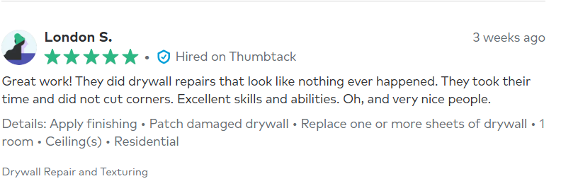 A review of a drywall repair company on a website.
