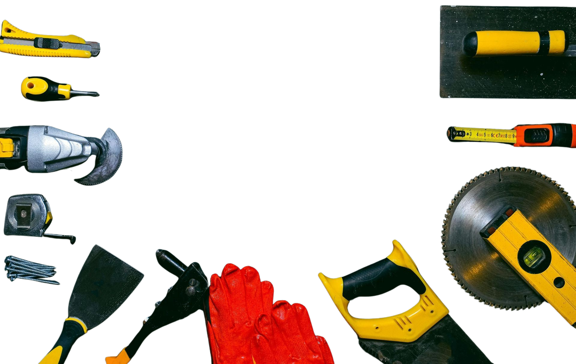 A bunch of tools including a circular saw and a tape measure