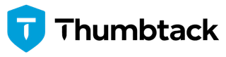 A logo for thumbtack with a blue shield on a white background.