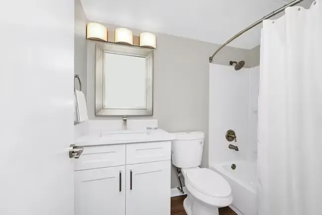 White bathroom with vanity, toilet, and shower, neutral walls.