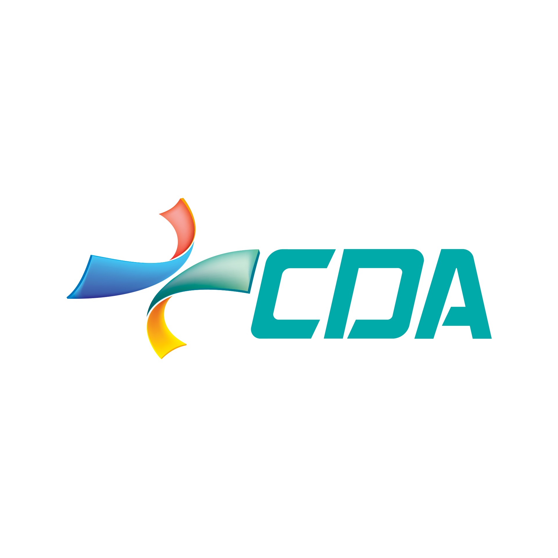 Um logotipo cda com uma fita colorida em um fundo branco.