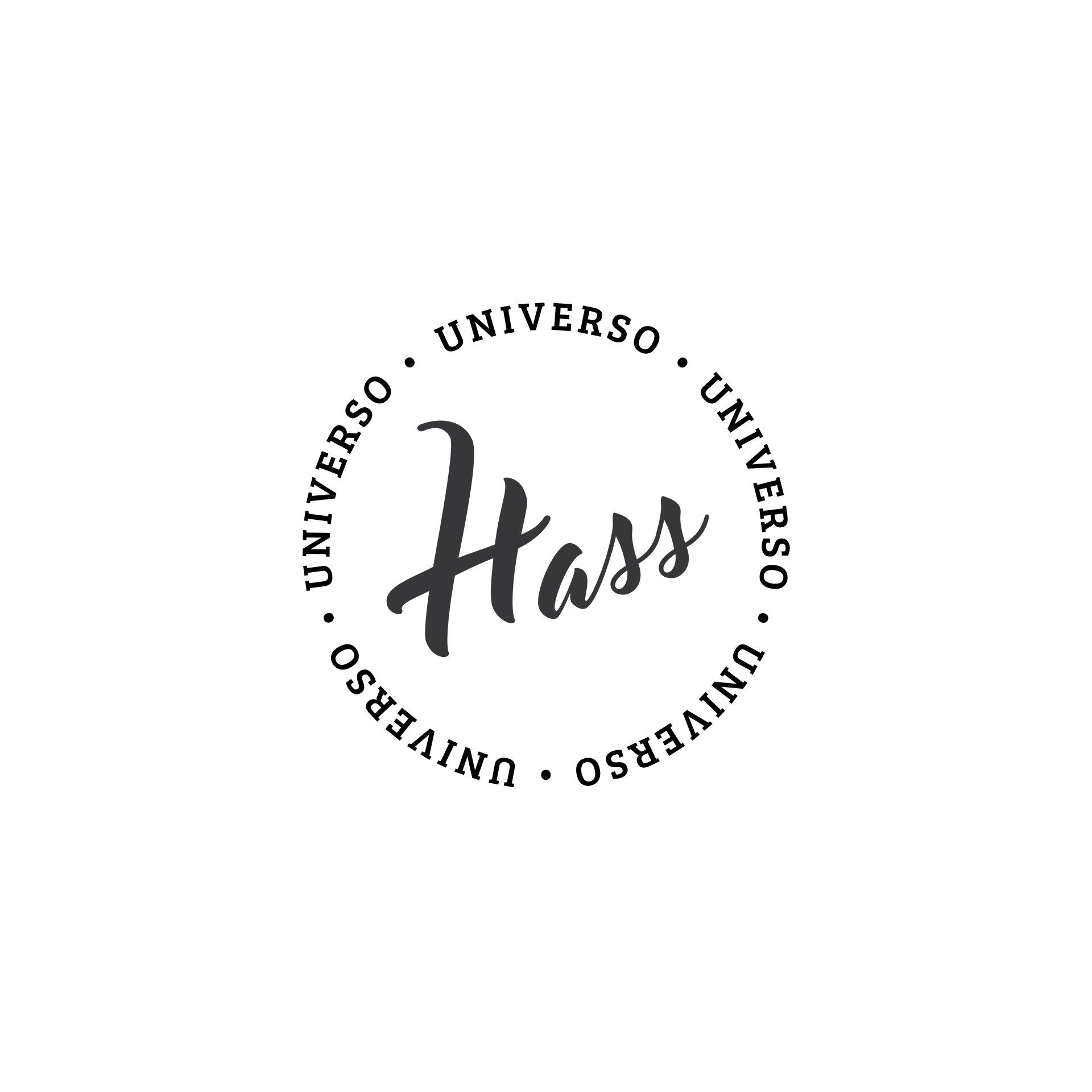 Um logotipo preto e branco para hass universo em um fundo branco.