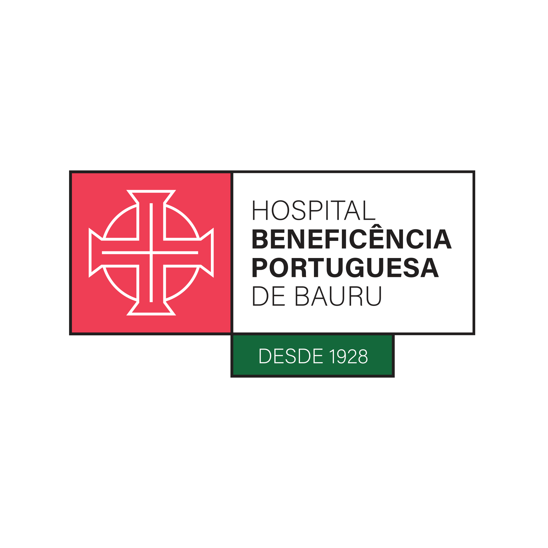 O logotipo de um hospital com uma cruz.