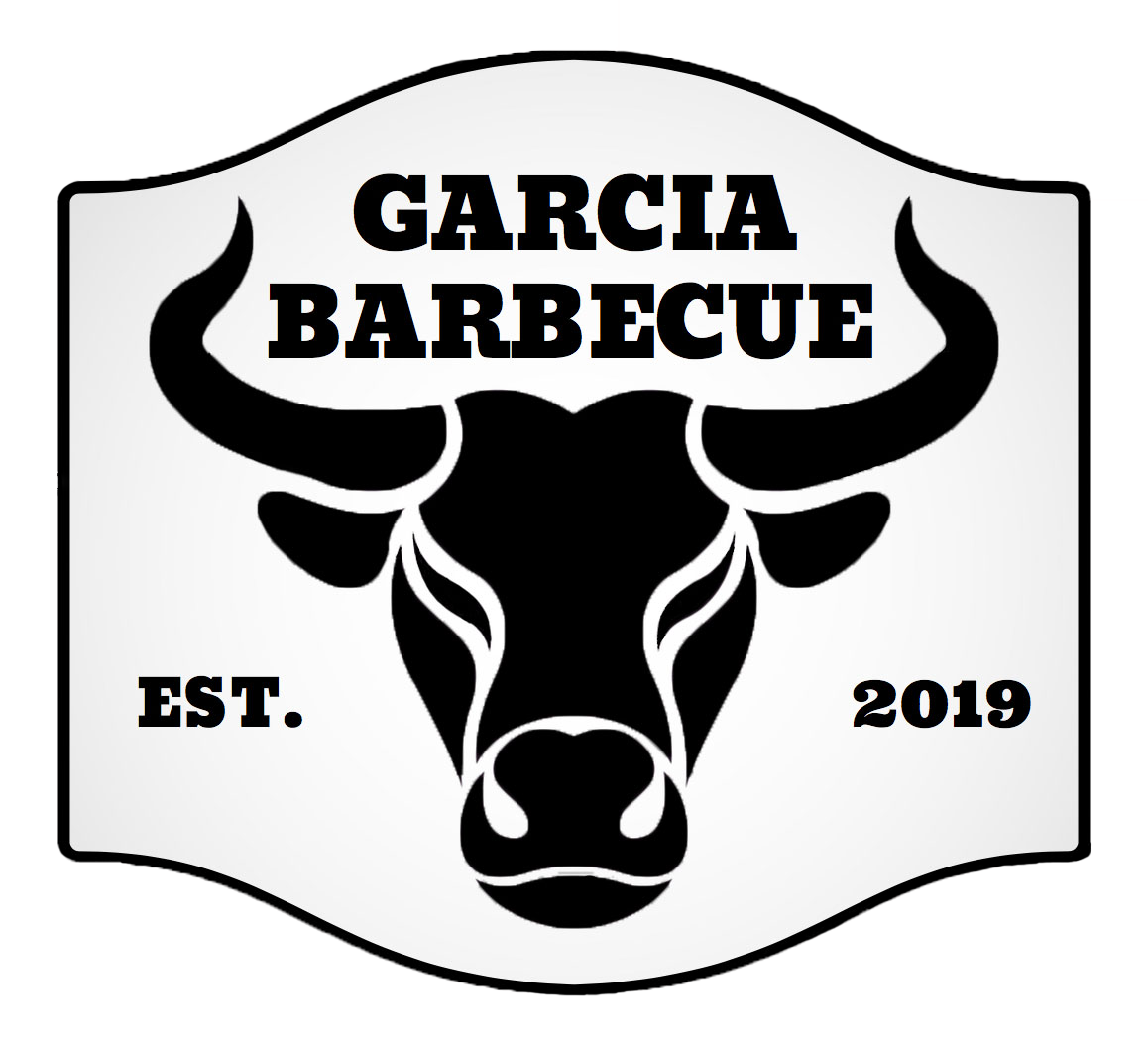 A black and white logo for garcia barbecue with a bull 's head.