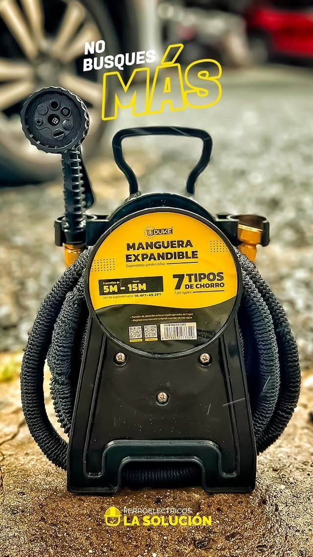 Black expandable garden hose on reel with 