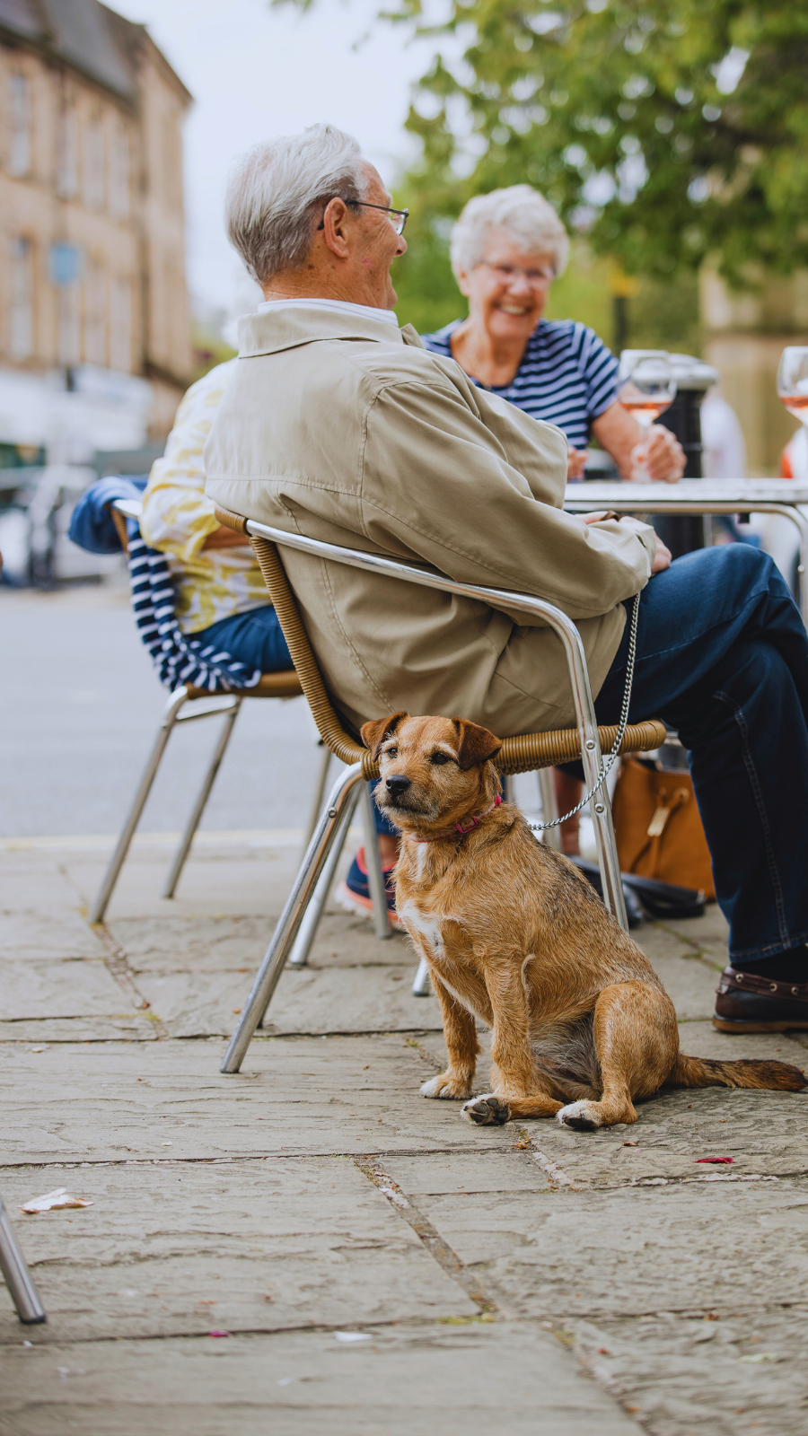 A couple at a sidewalk cafe while their well-trained dog sits calmly at their feet after training at Beacon Bay Dog Training.