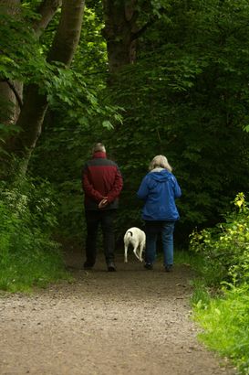 A man in a red jacket and a woman in a blue jacket walking together outdoors accompanied by their off-leash trained dog.