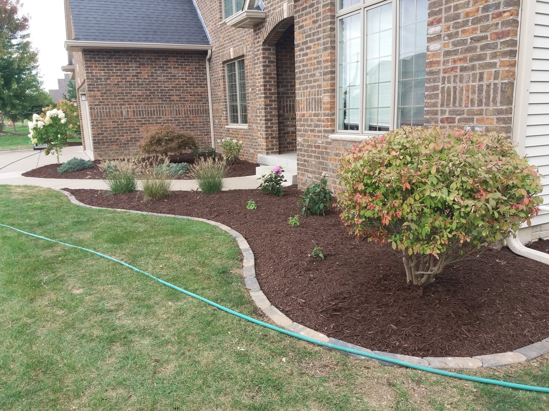 Brick house with curved mulch beds, trimmed shrubs, and a green lawn with a garden hose