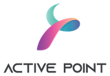 Logotipo de Active Point con una cinta y texto abstractos y coloridos.