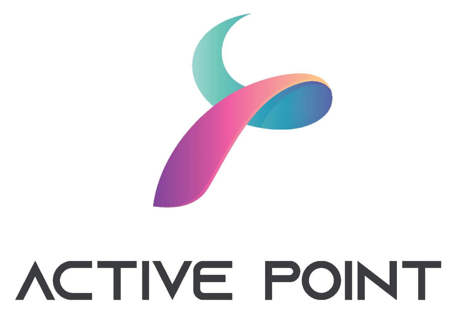 Logotipo de Active Point con un diseño curvo y colorido similar a una cinta sobre el texto.