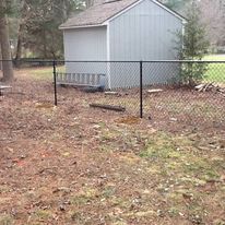 Black chain-link fence in a yard with a shed and fallen leaves.
