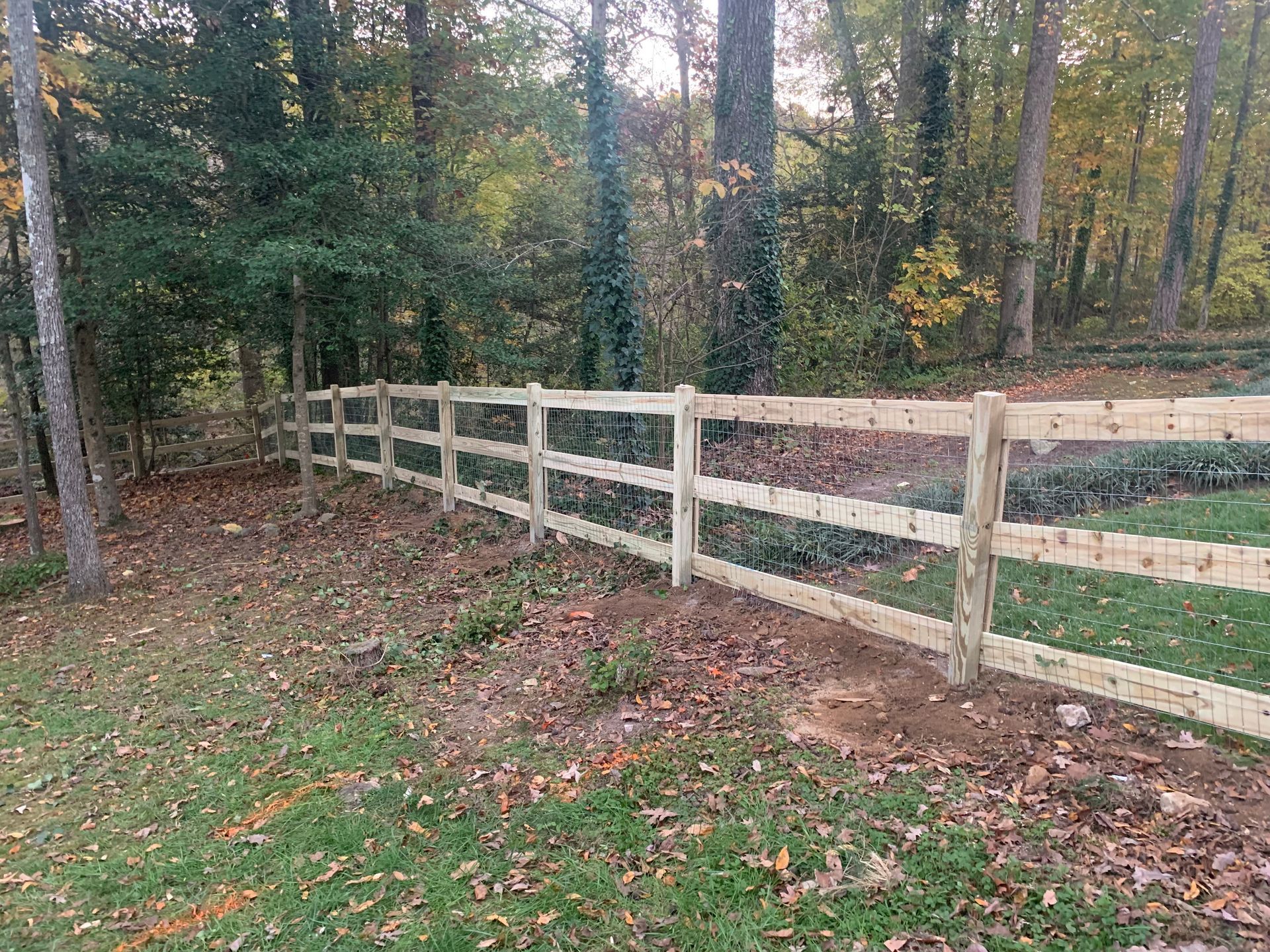 Wooden three-rail fence in a wooded area with trees and grassy ground, possibly a backyard.