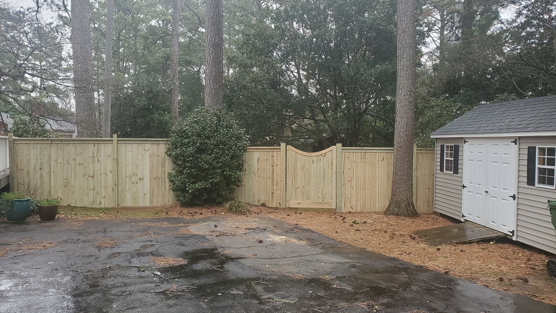 Backyard with wooden fence, gate, shed, trees, and wet pavement.