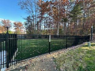 Black metal fence surrounding a grassy area with trees in the background under a blue sky.