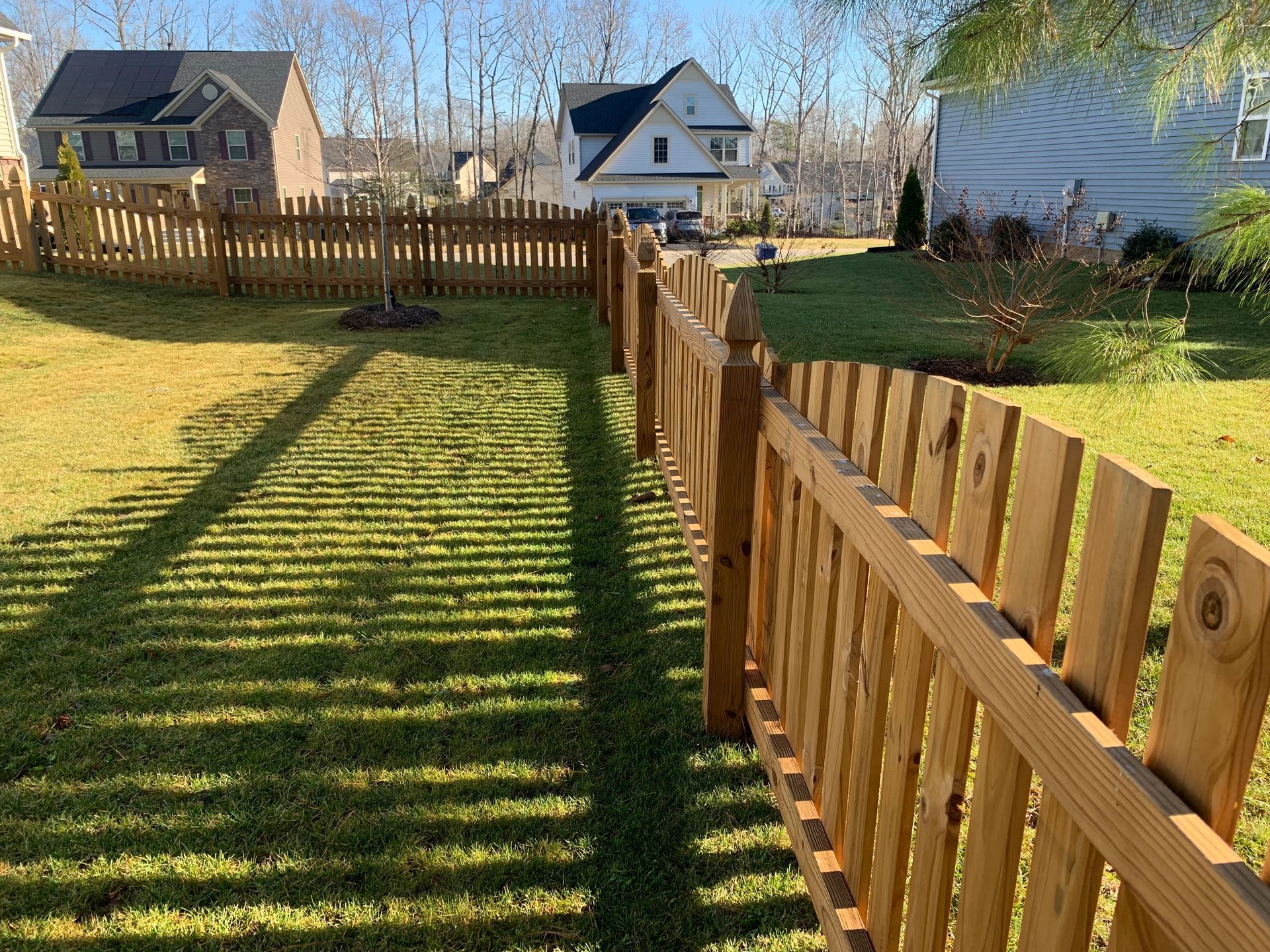 A wooden fence in a grassy yard with houses in the background on a sunny day.