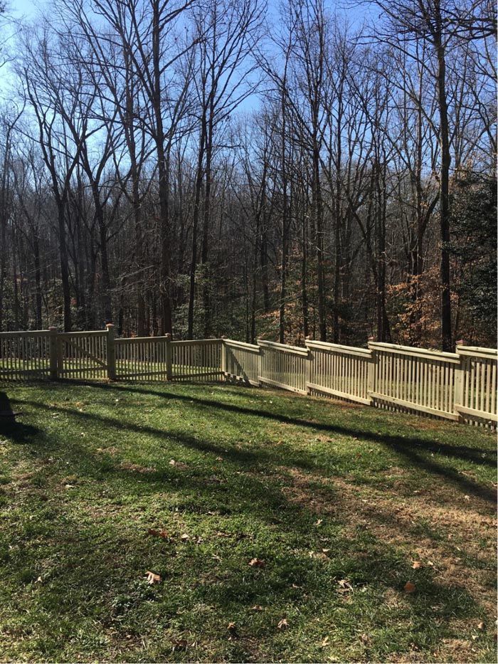 Wooden fence in a grassy yard, with bare trees in the background.