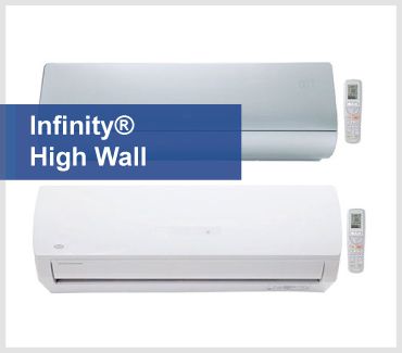 Two infinity high wall air conditioners with remotes on a white background.