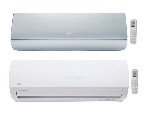 Two air conditioners with remote controls on a white background.