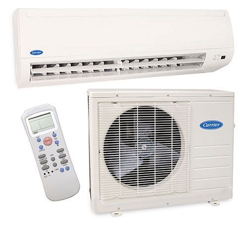 A carrier air conditioner with a remote control attached to it.