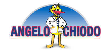 A logo for angelo chiodo with a duck in a lab coat