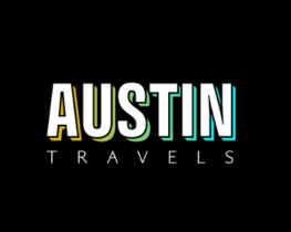 A logo for austin travels on a black background