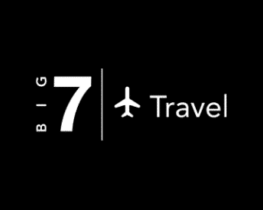 The logo for big 7 travel has a plane on it.