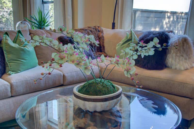 A living room with a couch and a glass coffee table with a vase of flowers on it.