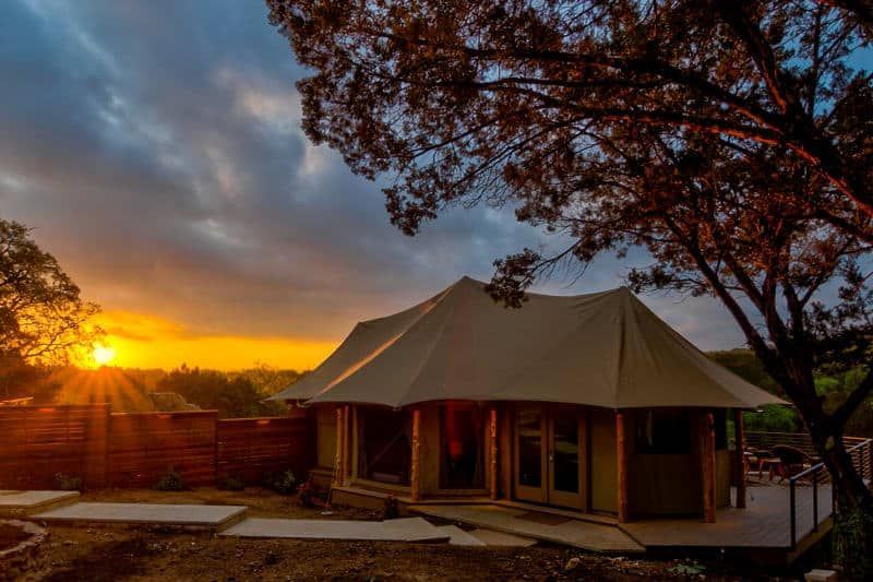 A tent is sitting under a tree at sunset.