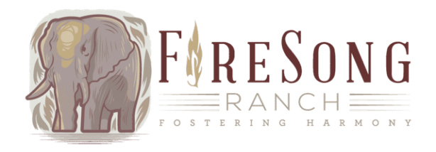 A logo for firesong ranch with an elephant on it