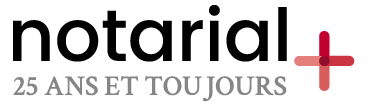 Logo pour notariat avec le texte « notariat » en noir et un symbole plus rouge. En dessous, « 25 ANS ET TOUJOURS » en gris.