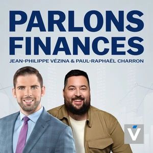 Couverture du podcast : Deux hommes, « Parlons Finances » (Parlons finances), texte avec le logo V.