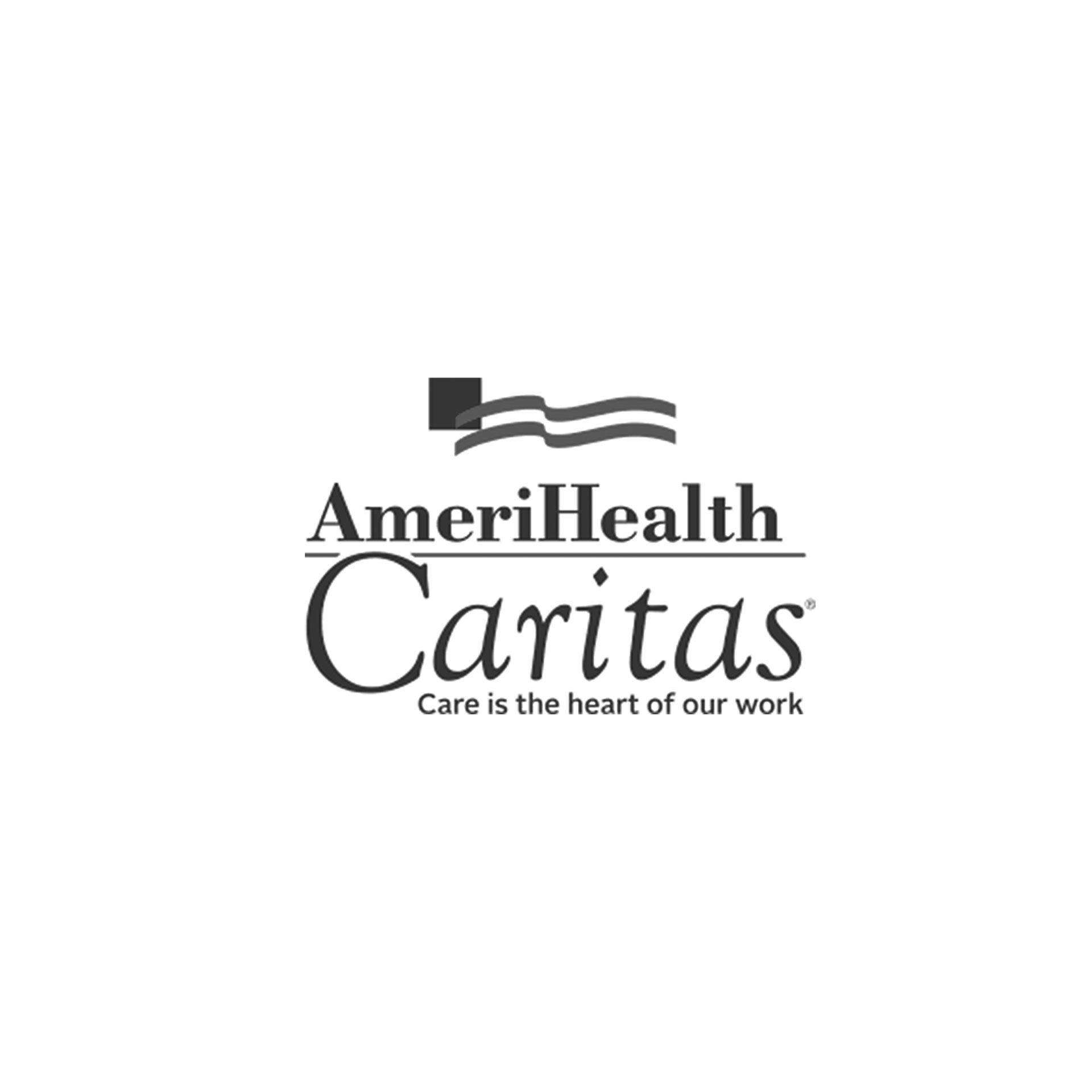 The amerihealth caritas logo is black and white and says `` care is the heart of our work ''.