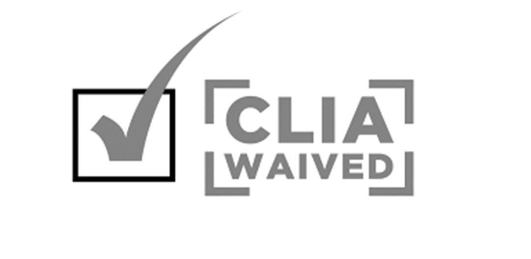 A black and white logo for clia waived with a check mark