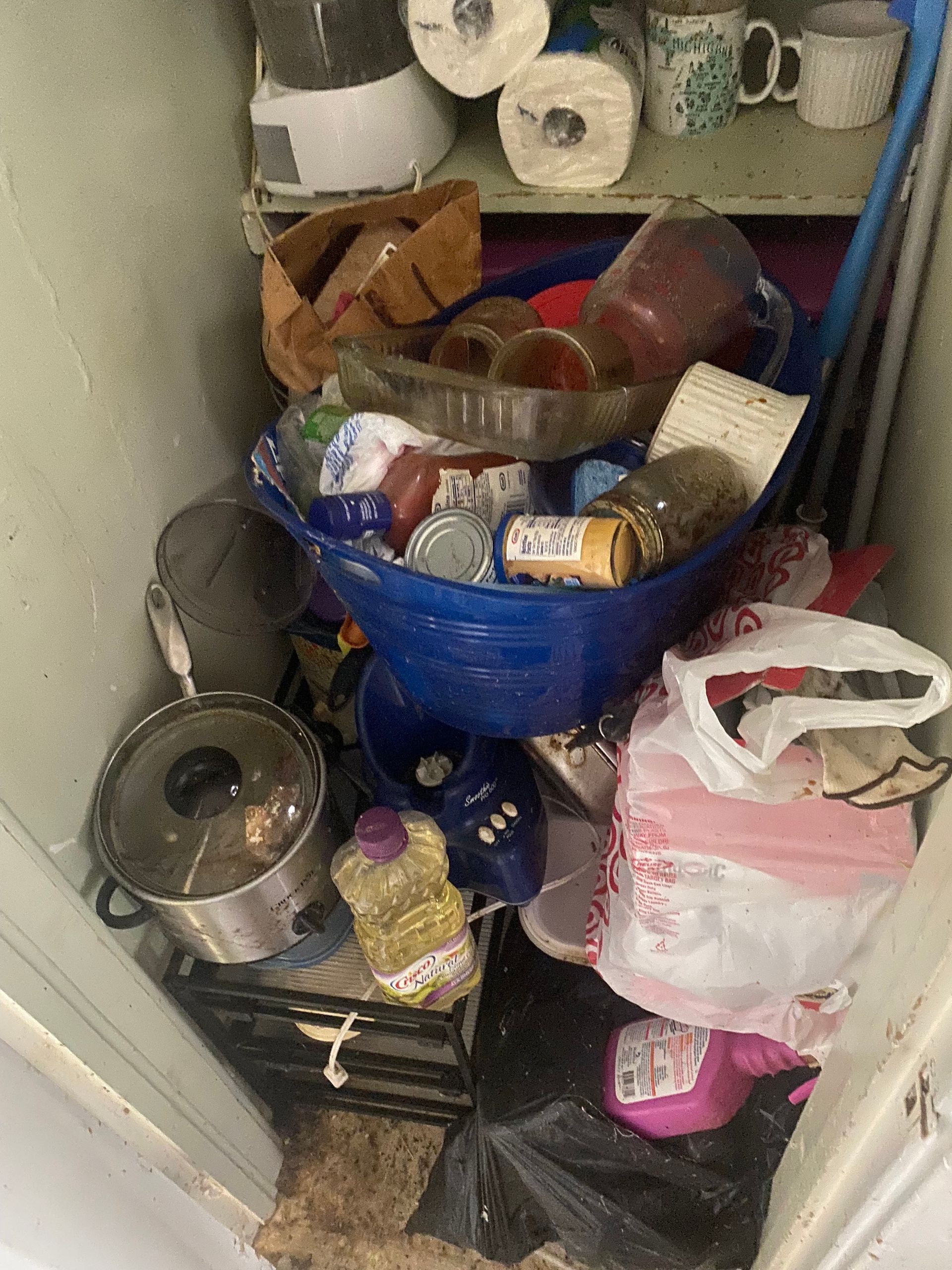 Cluttered pantry shelf with bags, canned goods, jars, and household items stacked tightly