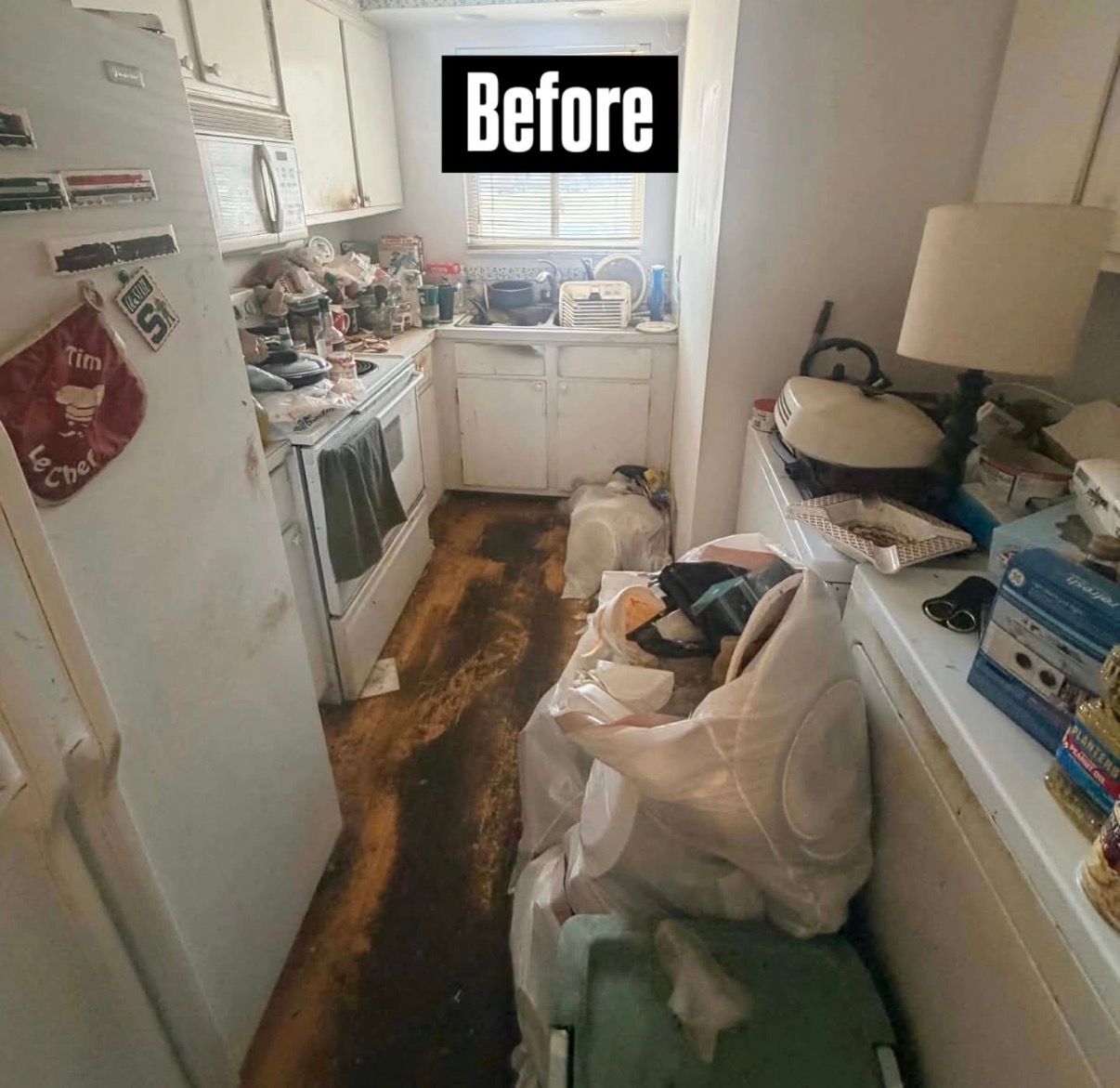 Cluttered narrow kitchen with damaged floor, labeled “Before” at the top.