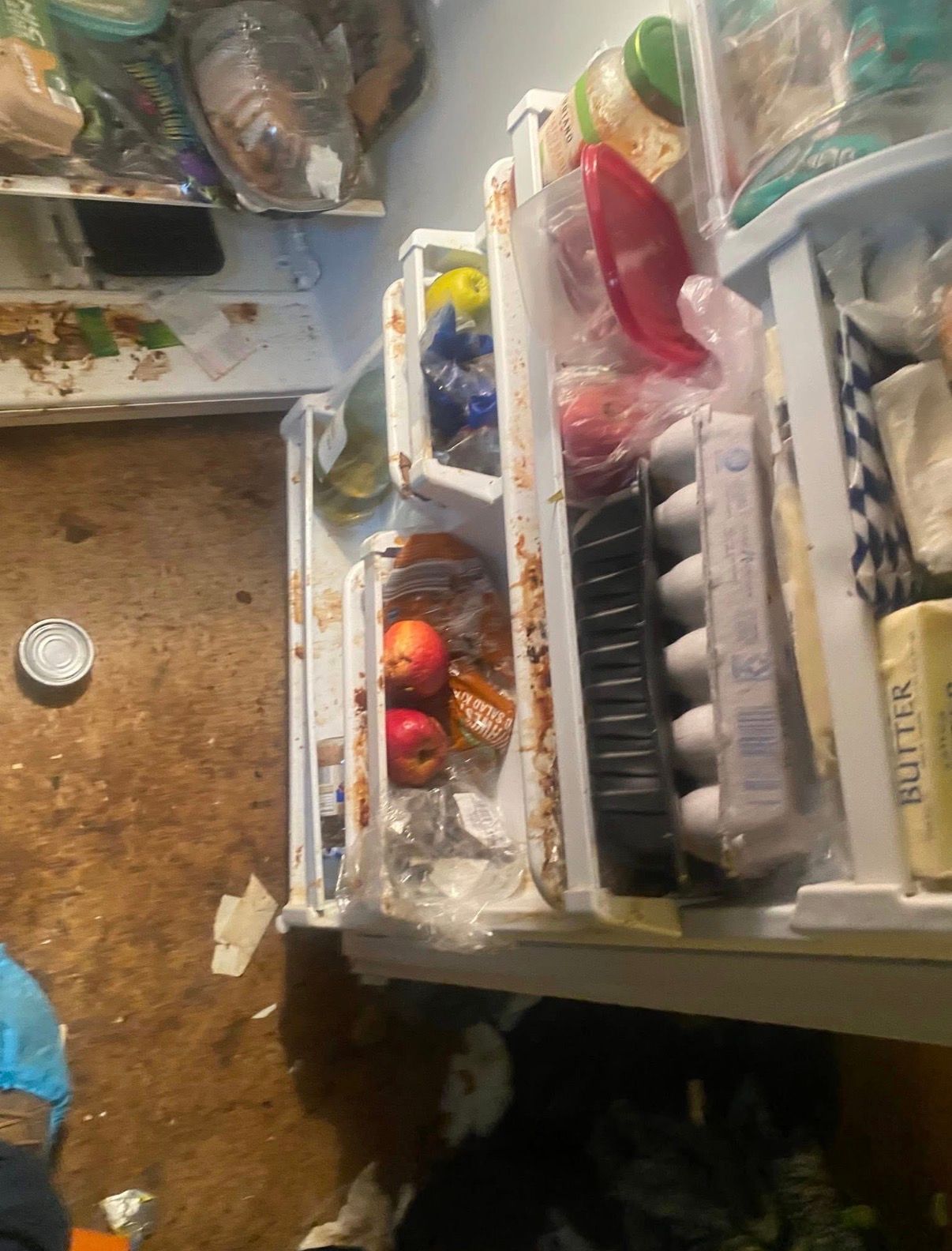 Open refrigerator shelf with eggs, condiments, drinks, and a can on the door shelf.