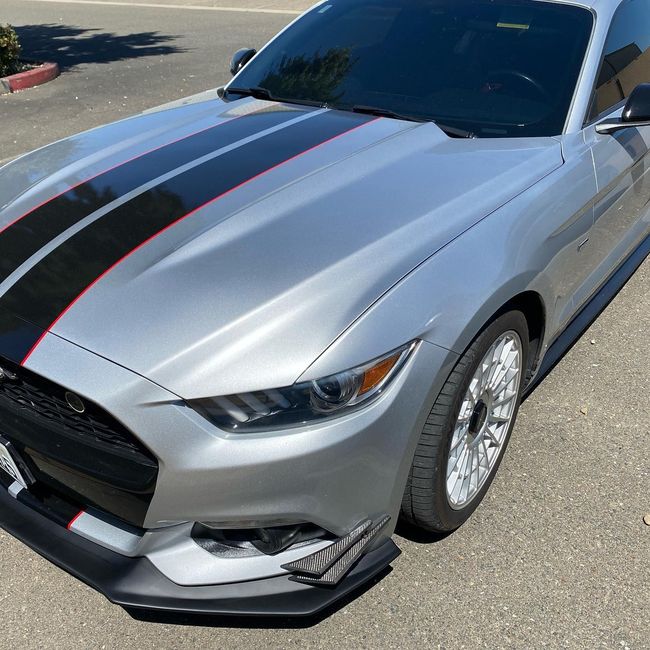 A silver mustang with black and red stripes on the hood