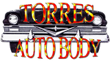 A logo for torres auto body with a car in the background