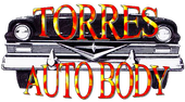 A logo for torres auto body with a car in the background